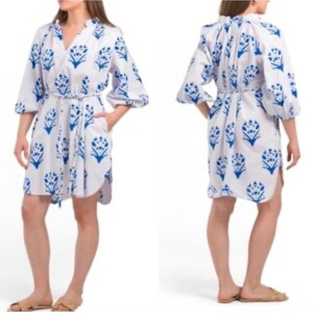 New Tuckernuck Caryn Lawn Pippi Mini Dress White Blue Floral Puff Sleeve OSFM